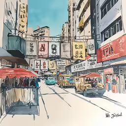 a drawing of traffic and people walking down a city street