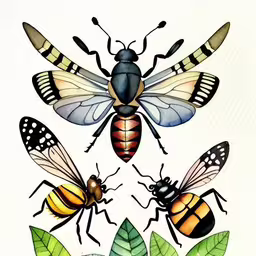 the illustration shows three different bugs on some leaves,an illustration of some bees on top of some leaves