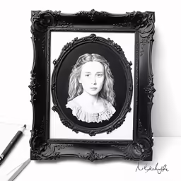 a portrait of a young woman in a black frame