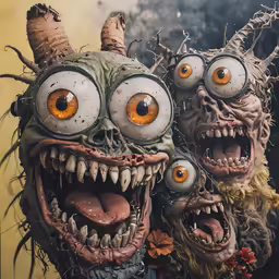 a series of strange looking faces on top of each other