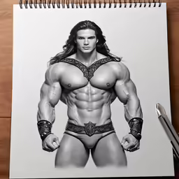 a drawing of a man with a tattoo on his chest