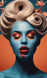 the woman is wearing blue hair and has orange flowers on her head