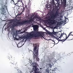 a woman with dark hair and white eyes looks at the ground through a tree