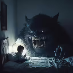 a small child looks at a scary monster in the bed