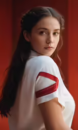a young girl in a white shirt with a red ribbon on her back