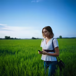 a young woman looks down at her cell phone while standing in the tall grass