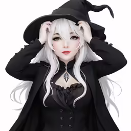 a woman with white hair wearing a witch costume