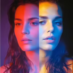 a woman standing next to a male in front of two equal colored squares