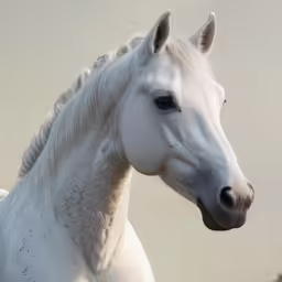a white horse stands in a field with some tall grass