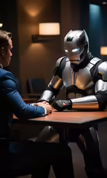 the suit of armored man in front of a desk with a person at a table