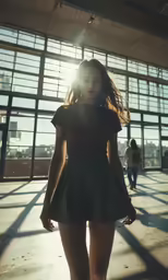 a girl wearing high heels and a skirt standing in a building
