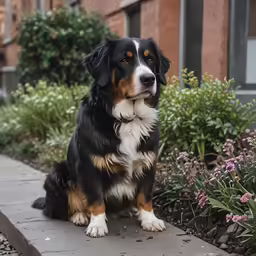a close up of a dog near flowers