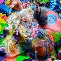 a man wearing elaborately painted clothes with furs and hair