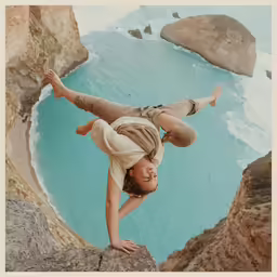 a woman is doing a trick on a ledge by the water