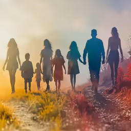 a family of five walking away down a path in the fog