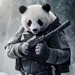 a person in uniform holding a gun and a panda bear on their shoulder