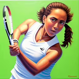 this is a painting of a woman holding a tennis racket,a painting of a woman holding a tennis racket