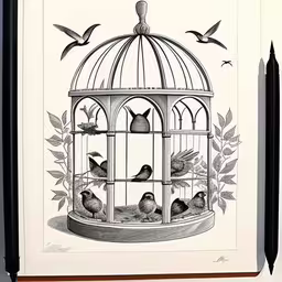 drawing of birds in cage inside open area,an illustration is featured on the inside of a birdcage