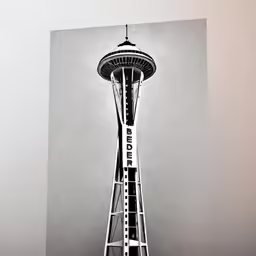 a black and white image of the space needle tower