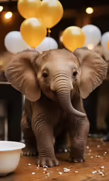 there is an elephant with balloons on top of it