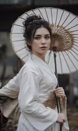 a young woman wearing a white gown is holding an umbrella