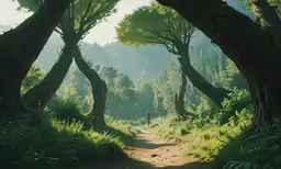 a group of trees that are on the side of a dirt road