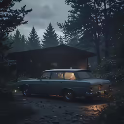 a car parked in front of a cabin in the woods