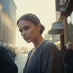 there is a woman standing on the sidewalk and looking at something