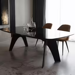 there is a glass table with a pair of chairs around it