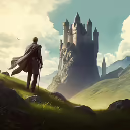 a man with a cape is looking down at an castle