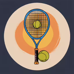 a picture of a tennis racket and two balls,a tennis racket and two tennis balls
