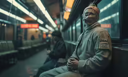 a sculpture of a man sitting next to another man on a subway