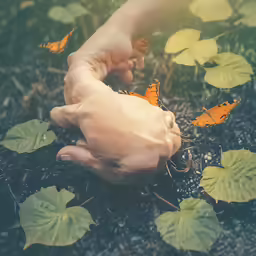 a hand reaching out to a butterfly on some leaves