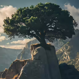 the large tree is growing on top of a rocky outcropping
