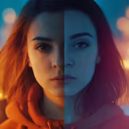 a split screen shows an image of a woman in a red scarf and another girl with long hair looking into the camera