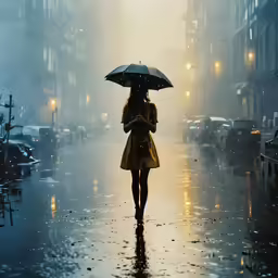a person walks down the street in the rain with an umbrella