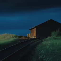 a train track and a cabin at night