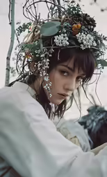 a girl with a flower crown on her head looking into the distance