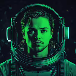 a man wearing an astronaut helmet next to a green light,the man is wearing an astronaut