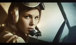 a woman wearing headphones standing next to an airplane
