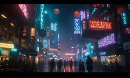 there is a cityscape that has neon signs on the buildings