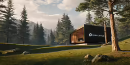 a rendering of an eco - house in the woods
