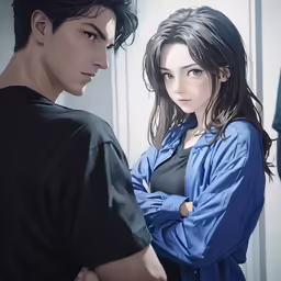 a woman standing next to a man with her arms crossed
