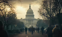 people are walking near the white house on a cloudy day