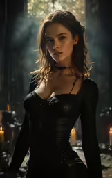 a woman wearing a black dress standing in front of candles