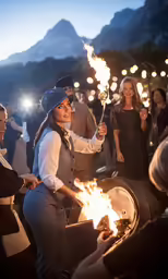 a woman standing in front of a fire pit holding a stick