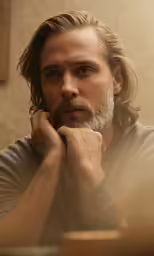 a man with a long beard sits looking into the camera