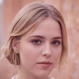 a blond woman with a red flower in her hair looking at the camera