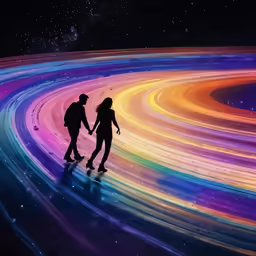 two people walking away from each other in front of colorful vortex