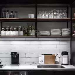 there is some jars and white dishes on the shelves